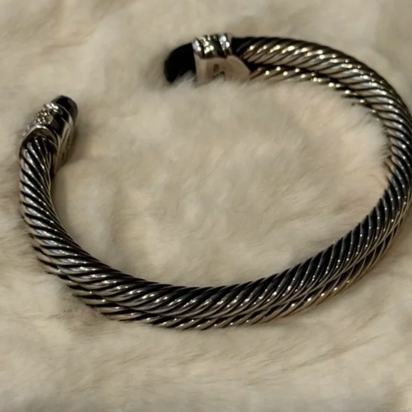 David Yurman Sterling Silver 18K Gold Double Cable Bracelet Onyx Diamonds - Picture 4 of 5